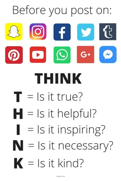 Picture THINK is a poster to remind the children To think before posting social media apps.